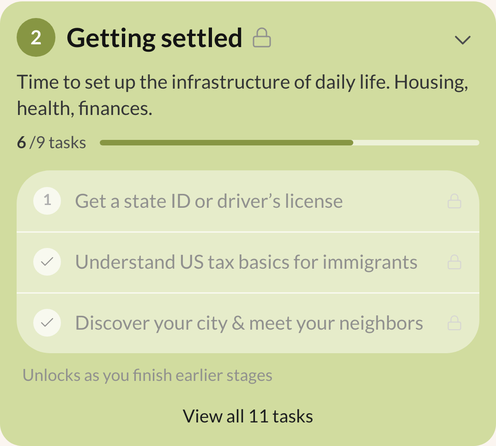 The Getting settled stage in the app: plan your housing search, secure your first apartment, get settled in your new place