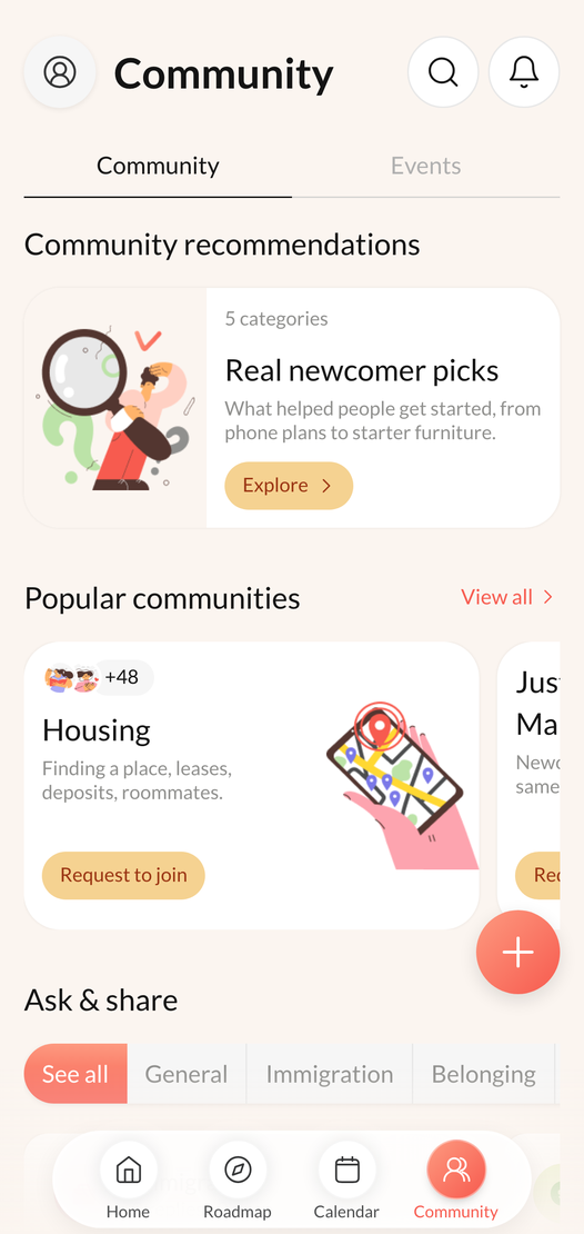 The Oyster app’s community tab, with real newcomer recommendations and topic groups like Housing.