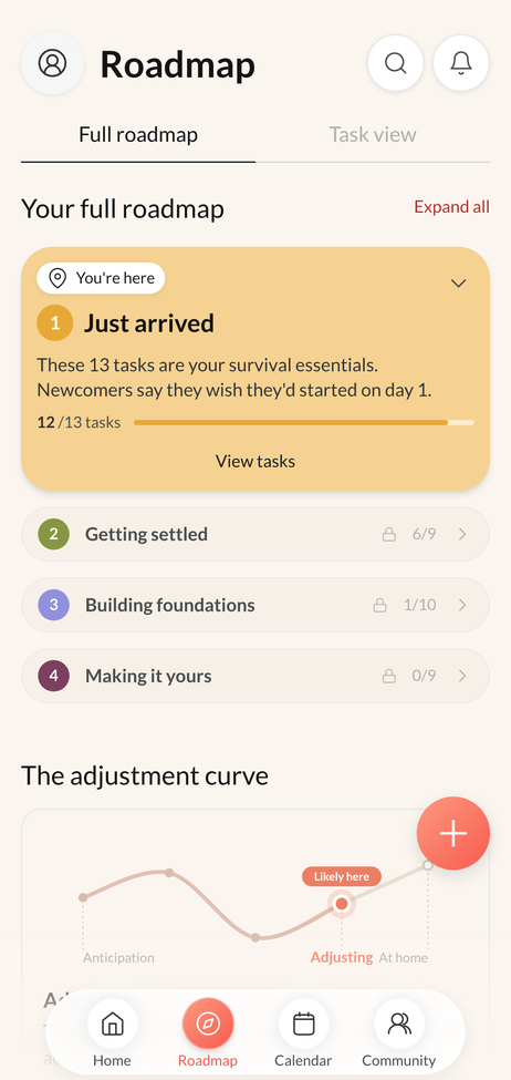 The Oyster app showing your roadmap: four stages from “Just arrived” to “Making it yours,” with your current step marked.